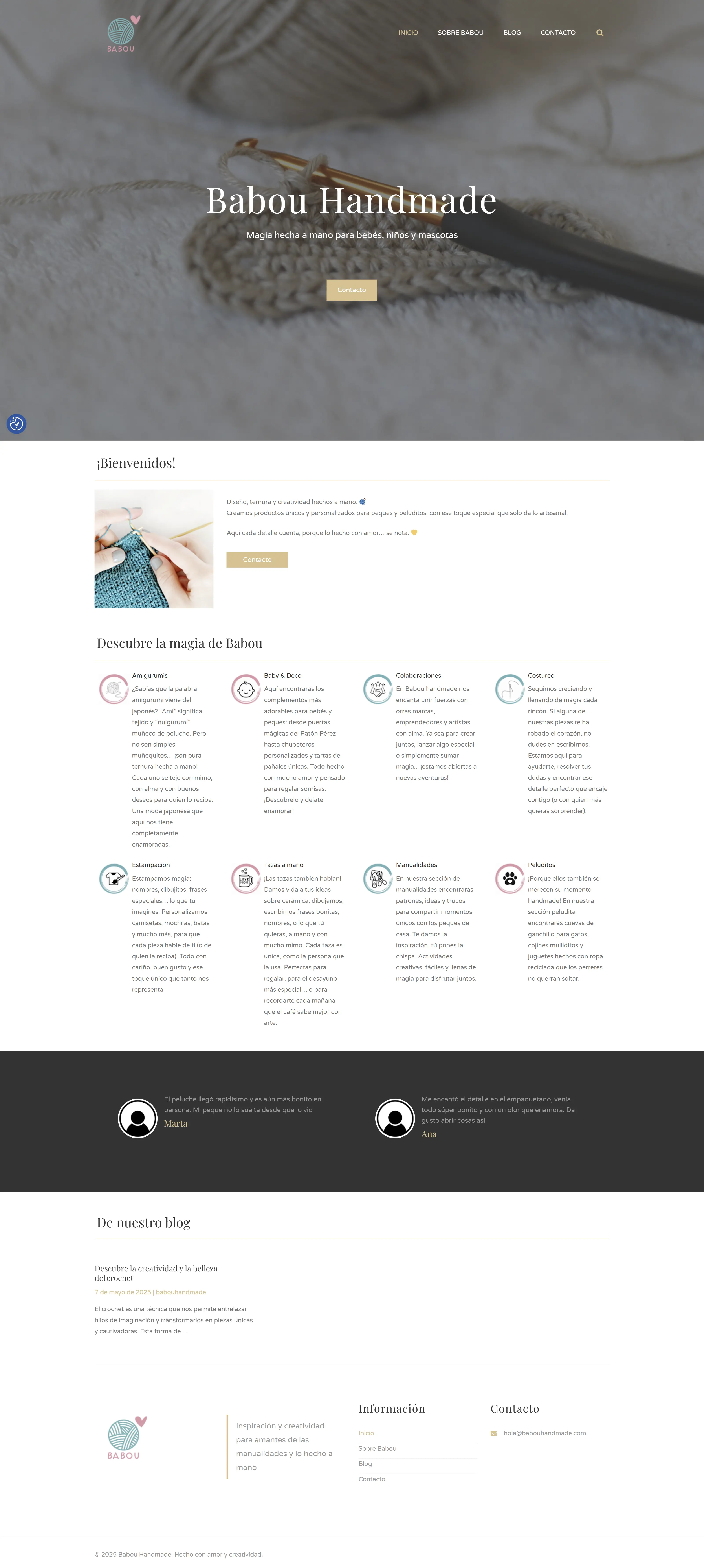Captura desktop de la web Babou Handmade — disseny càlid amb productes artesans i fons crema