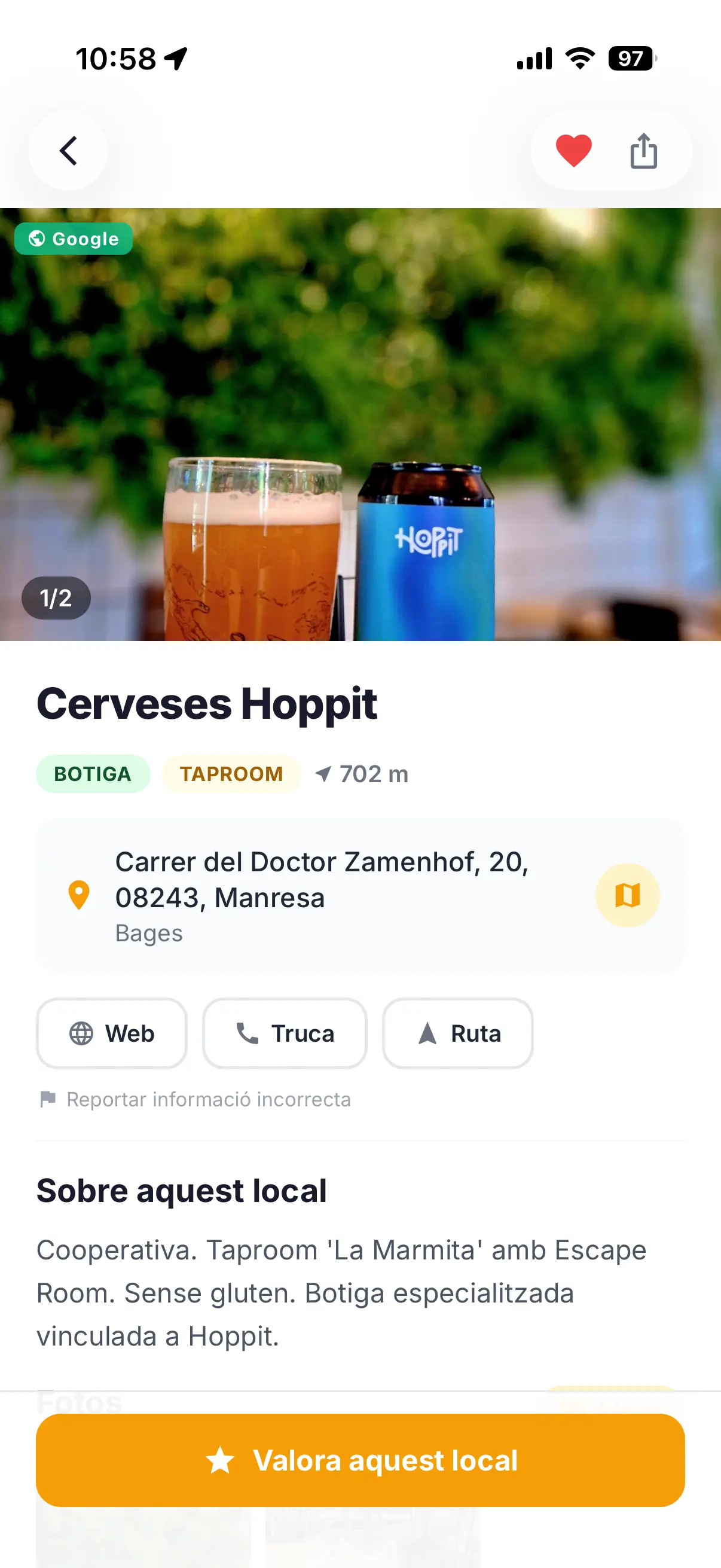 Captura de l'app BirraKm0: fitxa detallada d'una cerveseria