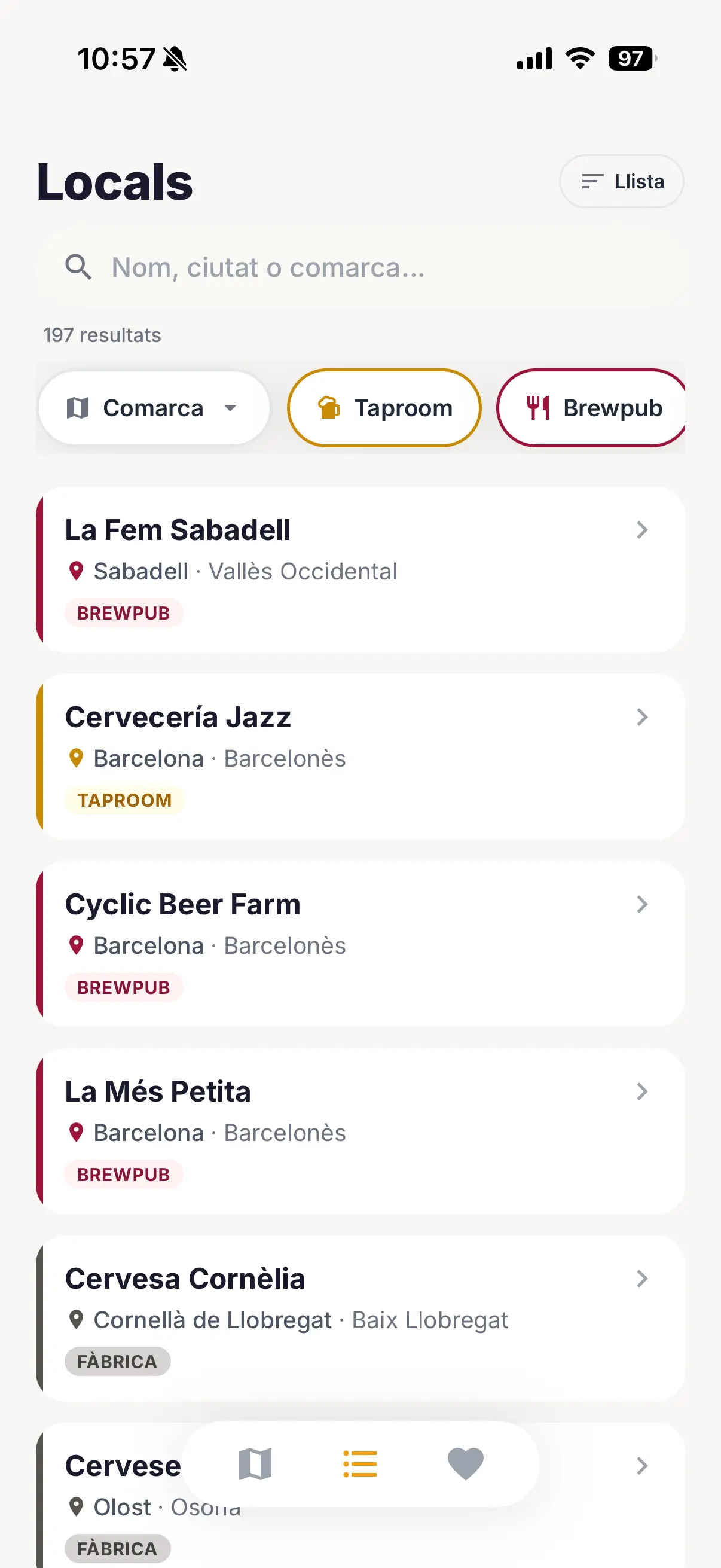 Captura de l'app BirraKm0: llista de cerveseries amb filtres per estil i comarca